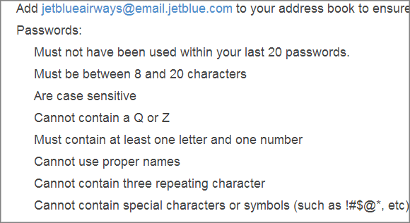 В паролях JetBlue нельзя использовать символы Q и Z
